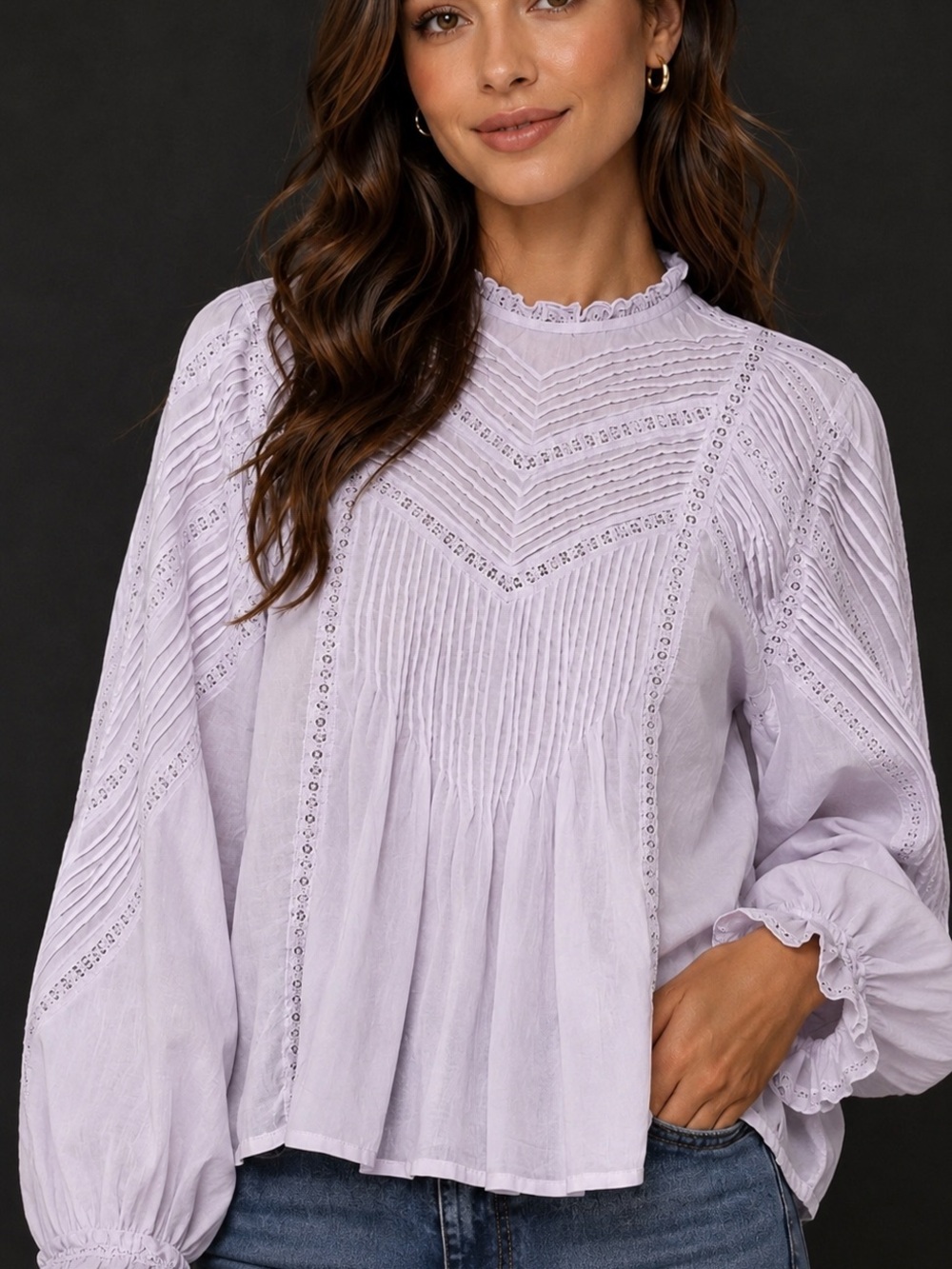 NWT J.Crew Lavender Pintuck Eyelet Lace Balloon Sleeve Blouse Size M flawed